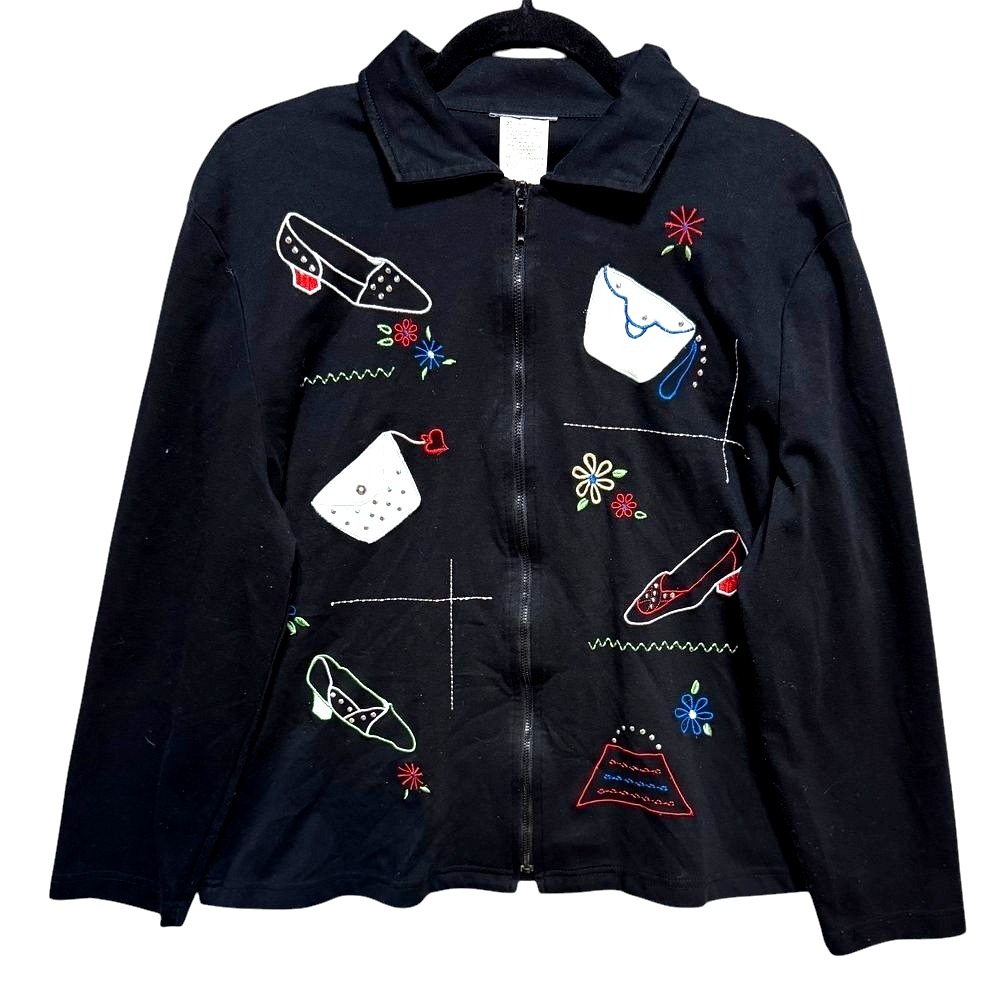 Vintage Whimsical Kitsch Embroidered Zip Jacket‎ Women's Size Large Artsy Retro